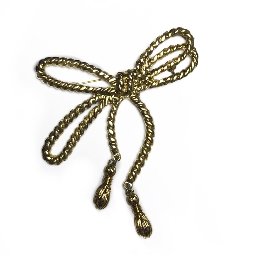 Vintage Gold Tone Rope Cord Bow Brooch EUC